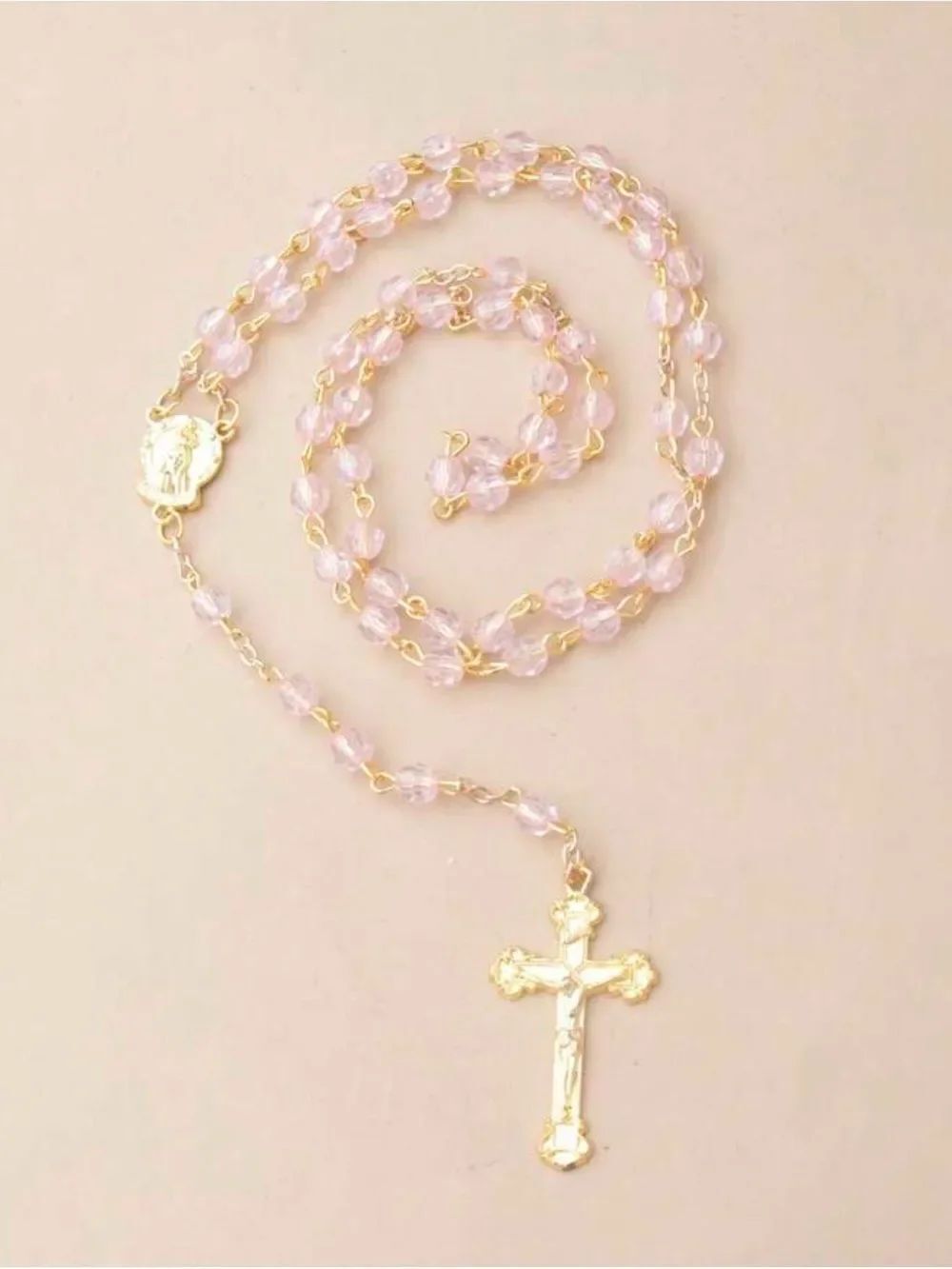 Cross Rosary Necklace with Pink Beads N1490